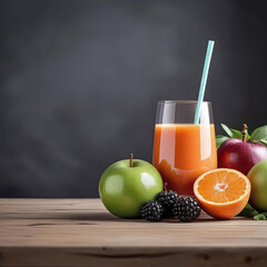 Fototapeta premium healthy fresh fruit and vegetable juice with fruits on empty wooden tabletop on light background, empty copy space