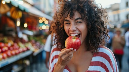 Attractive and joyful young female eats ripe apple outdoor on food market
