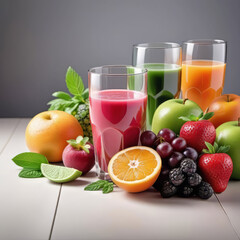 healthy fresh fruit and vegetable juice with fruits on empty wooden tabletop on light background, empty copy space