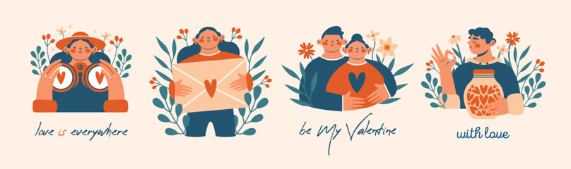 Valentine's Day. Set of simple modern isolated illustrations with cute persons, who hugging, people, lovers, man, woman. Togetherness, love concept. Clip arts with love mail, jar with heart, flowers.