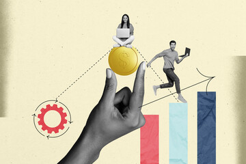 Creative collage picture black white filter hand hold coin money young woman man teamwork progress...