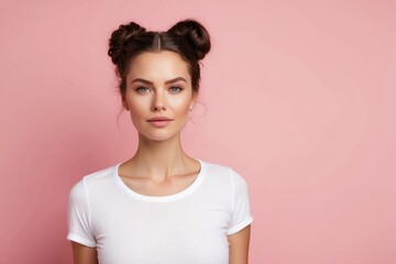 Close-up portrait of a beautiful young woman wearing a white T-shirt and looking at the camera on a pink background with a copy space.