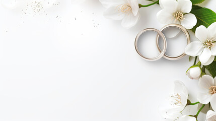 Obraz na płótnie Canvas Elegant wedding invitation card with white flowers and golden rings
