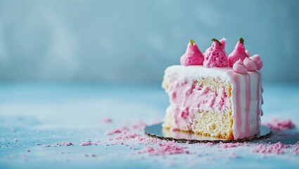Delicious delicate cake with pink icing on a blue background. A festive dessert for a birthday. Birthday greetings.