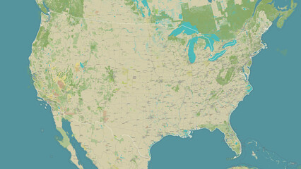 United States of America - mainland outlined. OSM Topographic Humanitarian style map