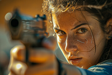 A pentathlon participant in the laser-run event, aiming and shooting at a target, with determination in their eyes. - obrazy, fototapety, plakaty