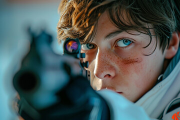 A pentathlon participant in the laser-run event, aiming and shooting at a target, with determination in their eyes.