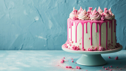 Delicious delicate cake with pink icing on a blue background. A festive dessert for a birthday. Birthday greetings. - obrazy, fototapety, plakaty