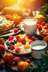 table full of breakfast berries milk and egg dish 