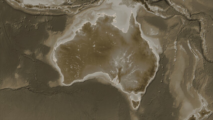 Australia outlined. Sepia elevation map - obrazy, fototapety, plakaty