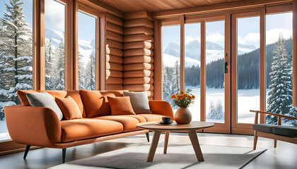 Cozy sofa with pillows and a coffee table by the window overlooking the winter forest, Scandinavian interior design of a modern living room in a chalet, Modern interior design with decoration,