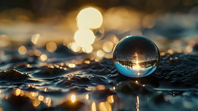 round spherical water drop on the ground with a reflection of the forest, sunrise and lake in it. 