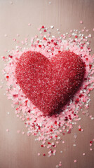 Red heart on a pink background with confetti. Valentines day.