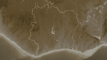 Ivory Coast outlined. Sepia elevation map