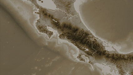 Costa Rica outlined. Sepia elevation map