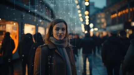 Glowing biometric scan lines target young female face in dense city street gathering in twilight