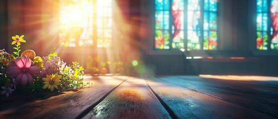 Bright Church Setting with Stained Glass for Easter Theme

 - obrazy, fototapety, plakaty