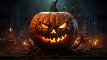 Spooky halloween pumpkin face: high-resolution 8k wallpaper stock photo for festive backgrounds