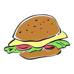 Burger single vector clip art. Outline doodle illustration of fast food