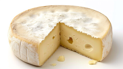 Camembert cheese with holes on a white background close-up