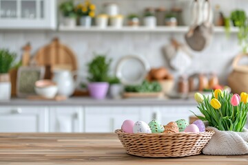 Cozy Easter Kitchen with Baking Activities and Table Top

