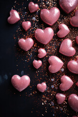 Pink hearts confetti on black background. Valentines day concept.