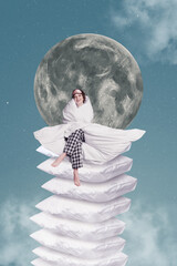 Vertical surreal art photo collage of young sleepy woman in pajamas sitting on huge stack of pillows wrapped in blanket high on clouds