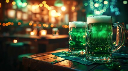 Fototapeta na wymiar Cozy Irish Pub Saint Patrick's Day Background with Green Beer