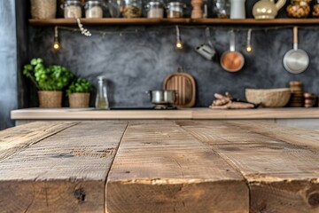 Rustic Kitchen Wooden Table Top Background with Copy Space

