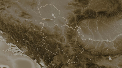 Serbia outlined. Sepia elevation map