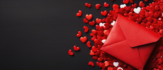 Valentine's day concept. Red hearts and envelope on black background. Top view with copy space.