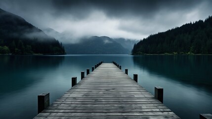Misty Lake Pier Leading into the Mountains. Generative ai