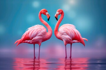 Pink flamingo on blue color in water. Generative ai