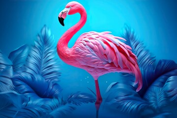 Pink flamingo on blue color in water. Generative ai