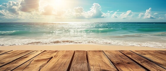 Sunny Beach Backdrop with Wooden Table Top and Copy Space

