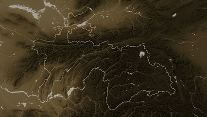 Tajikistan outlined. Sepia elevation map