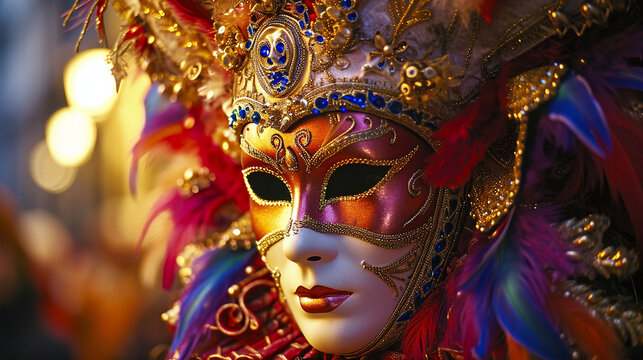 Horizontal beautiful image of Venetian carnival performers wearing mask. Background for banner, flyer, advertising, travel concept