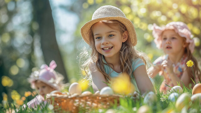 Joyful and laughing children on eaaster hunting for colorful Easter eggs on a spring meadow with flowers, delighting in the festive tradition