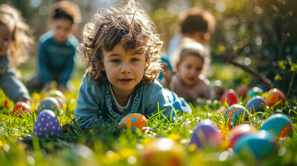 Joyful and laughing children hunting for colorful Easter eggs on a spring meadow with flowers,...