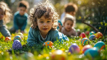 Fototapeten Joyful and laughing children hunting for colorful Easter eggs on a spring meadow with flowers, delighting in the festive tradition © Infini Craft