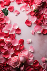 Obraz premium Rose petals on pink background, top view. Space for text.