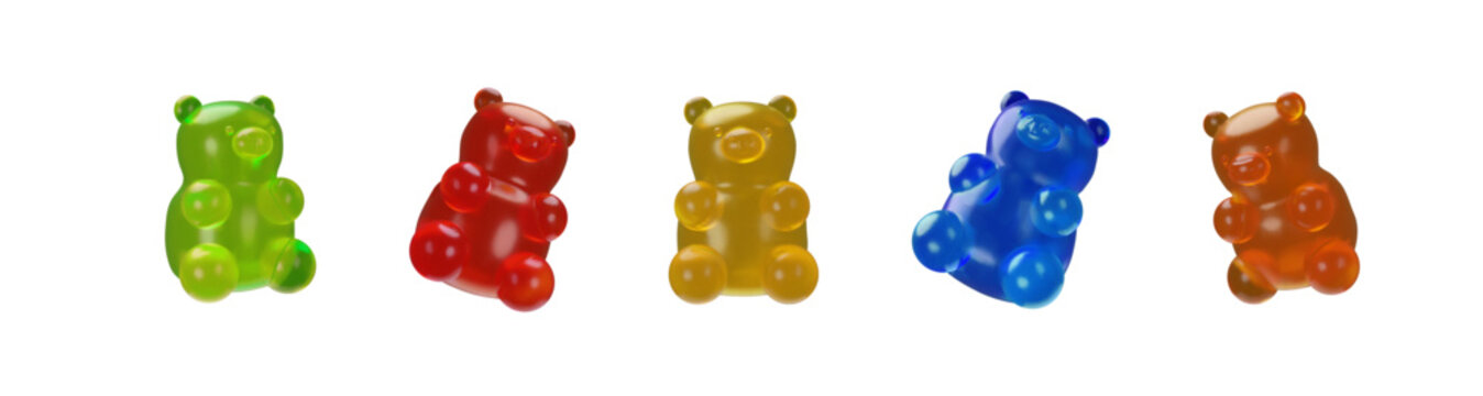3D render collection of chewy gummy bear. Sweet colorful dessert vector illustration. Gelatin form factor vitamins, chewable supplements, edible health candy. Fruit flavors set of delicious snacks