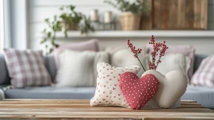 Cozy Home Valentine's Day Setting with Plush Pillows and Table Top

