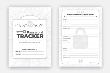 Password tracker log book design template, personal and website data format notebook, reminder journal interior with black white paper