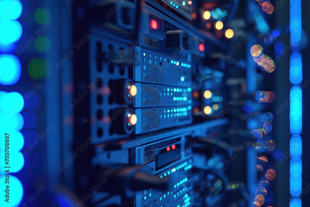Poster data storage server room with switchboard glowing blue in dark as illuminated technology background 