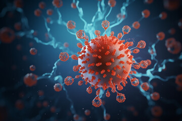 Infected droplet. 3D illustration showing one respiratory droplet containing coronavirus particles