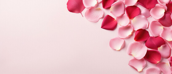 Pink rose petals on pastel pink background. Copy space.