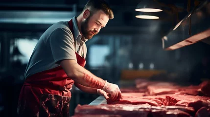 Fotobehang Master Butcher at Work in a Meat Shop. Generative ai © Scrudje