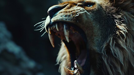 Majestic Lion Roaring in the Dark. Generative ai - obrazy, fototapety, plakaty