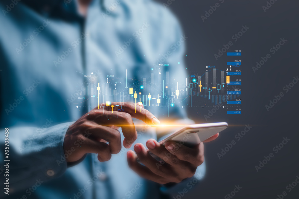 Poster trader use mobile smart phone with virtual screen of stock growth graph, invest in trading. planning